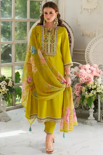 Mustard pure cotton embroidered kurta trouser dupatta set