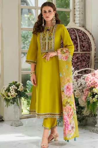 Mustard pure cotton embroidered kurta trouser dupatta set