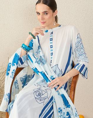 White pure cotton printed kurta trouser dupatta set 1