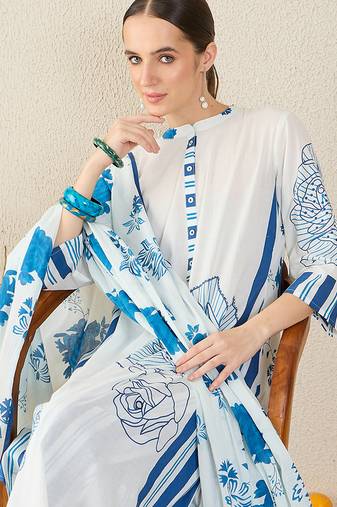 White pure cotton printed kurta trouser dupatta set