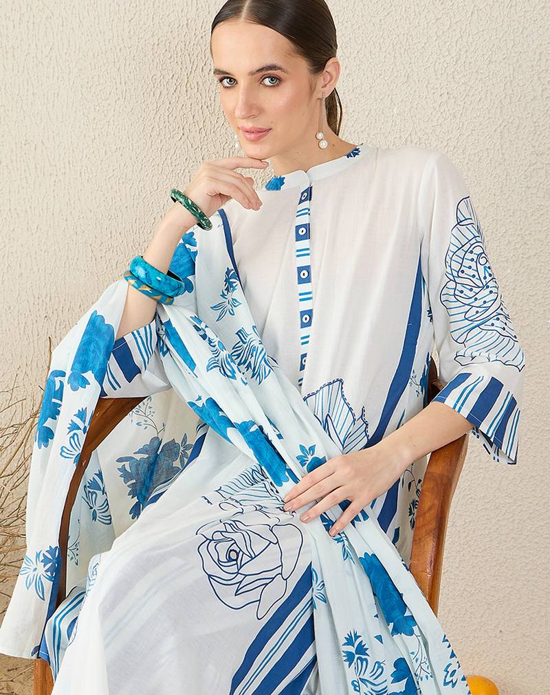 White pure cotton printed kurta trouser dupatta set