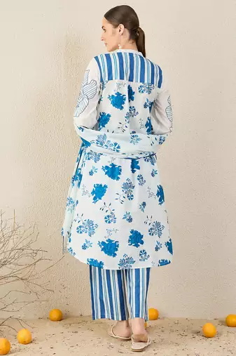 White pure cotton printed kurta trouser dupatta set