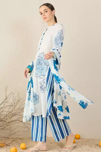 White pure cotton printed kurta trouser dupatta set
