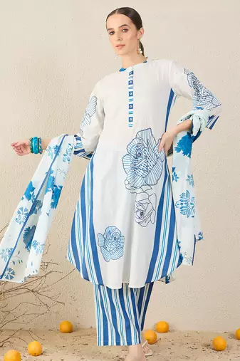 White pure cotton printed kurta trouser dupatta set