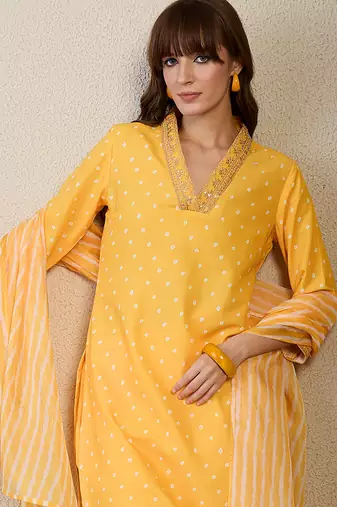 Yellow pure cotton printed kurta trouser dupatta set