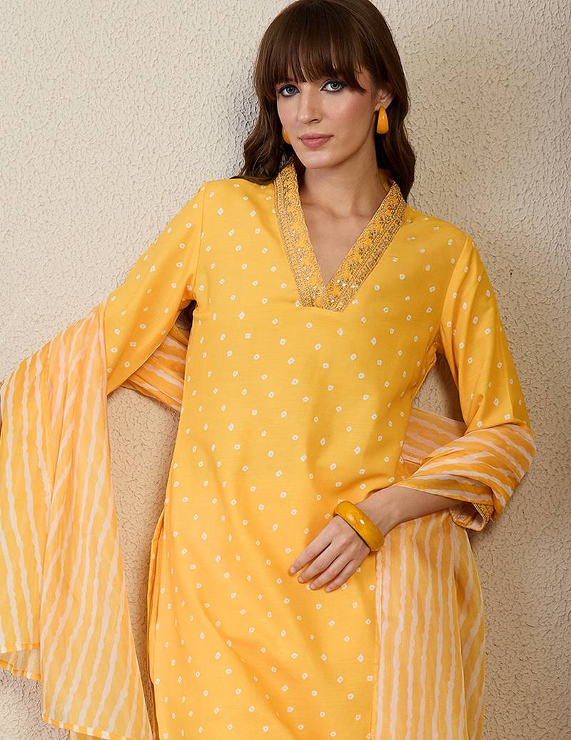 Yellow pure cotton printed kurta trouser dupatta set