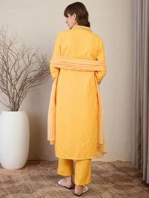 Yellow pure cotton printed kurta trouser dupatta set 2