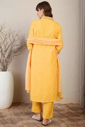 Yellow pure cotton printed kurta trouser dupatta set