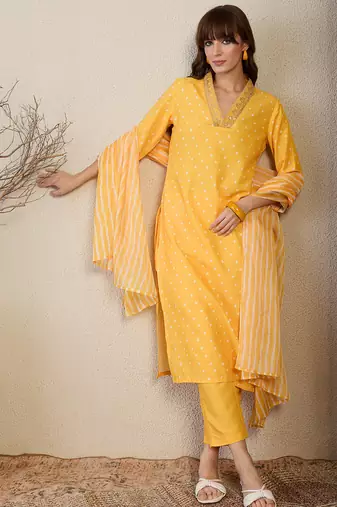 Yellow pure cotton printed kurta trouser dupatta set