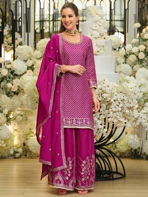 Pink silk blend embroidered kurta trouser dupatta set 1