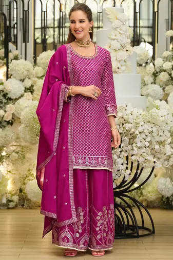 Pink silk blend embroidered kurta trouser dupatta set