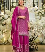 Pink silk blend embroidered kurta trouser dupatta set
