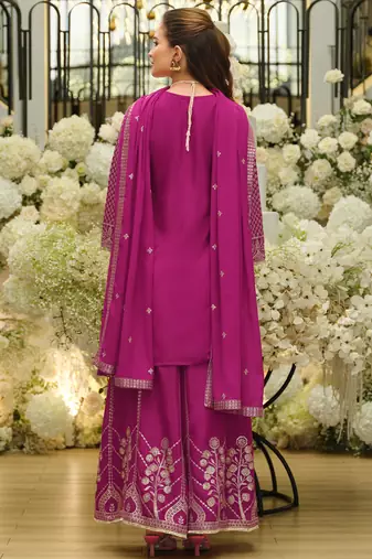 Pink silk blend embroidered kurta trouser dupatta set