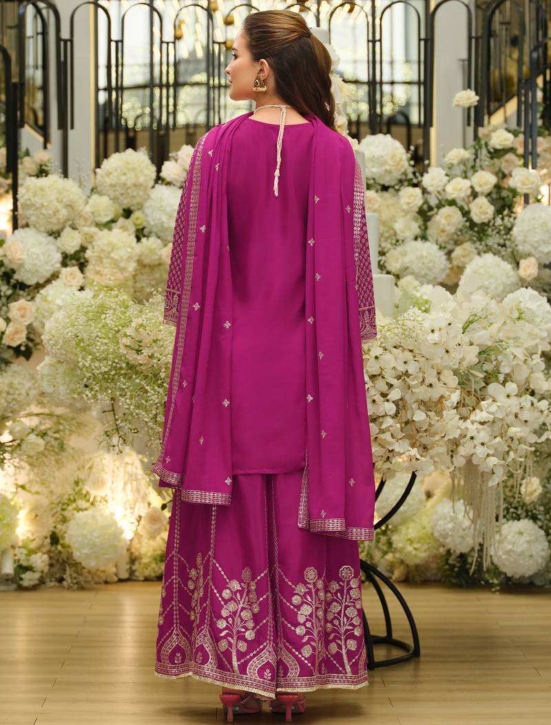 Pink silk blend embroidered kurta trouser dupatta set