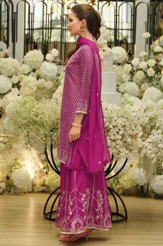 Pink silk blend embroidered kurta trouser dupatta set