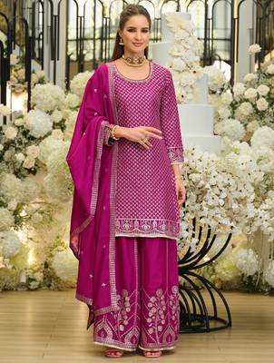 Pink silk blend embroidered kurta trouser dupatta set 4