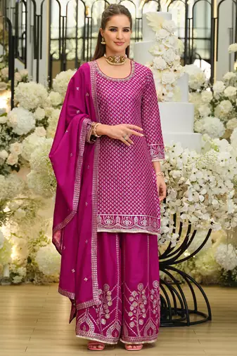 Pink silk blend embroidered kurta trouser dupatta set