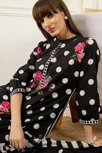 Black pure cotton printed kurta trouser dupatta set
