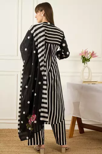 Black pure cotton printed kurta trouser dupatta set