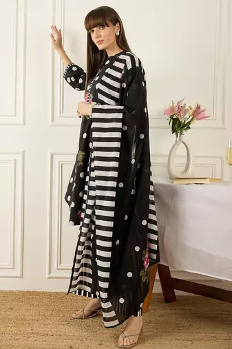 Black pure cotton printed kurta trouser dupatta set