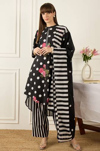 Black pure cotton printed kurta trouser dupatta set