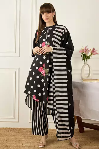 Black pure cotton printed kurta trouser dupatta set
