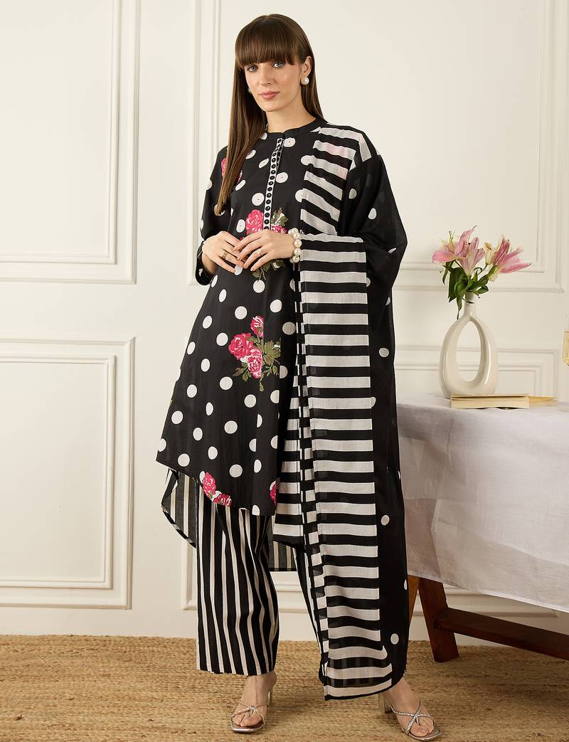 Black pure cotton printed kurta trouser dupatta set