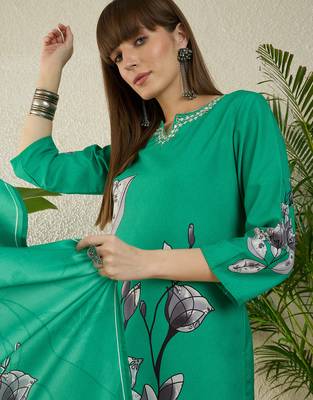 Sea green viscose rayon printed kurta trouser dupatta set 1