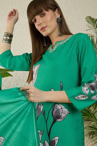 Sea green viscose rayon printed kurta trouser dupatta set