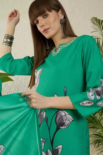 Sea green viscose rayon printed kurta trouser dupatta set