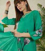 Sea green viscose rayon printed kurta trouser dupatta set