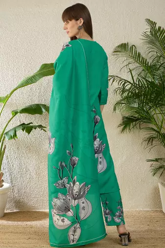 Sea green viscose rayon printed kurta trouser dupatta set