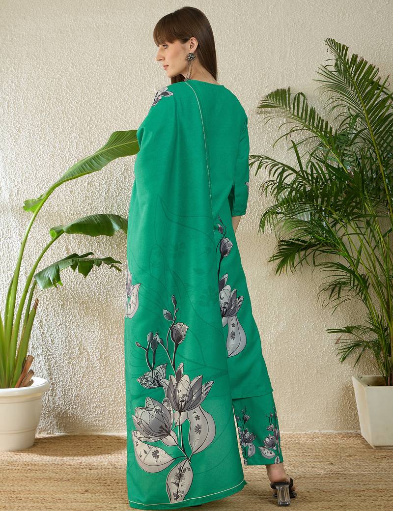 Sea green viscose rayon printed kurta trouser dupatta set