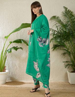 Sea green viscose rayon printed kurta trouser dupatta set 3
