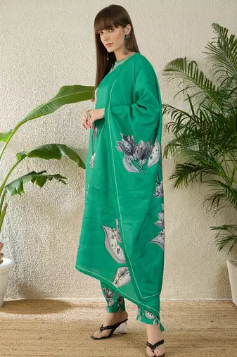 Sea green viscose rayon printed kurta trouser dupatta set