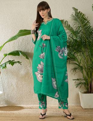 Sea green viscose rayon printed kurta trouser dupatta set 4