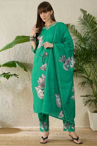 Sea green viscose rayon printed kurta trouser dupatta set