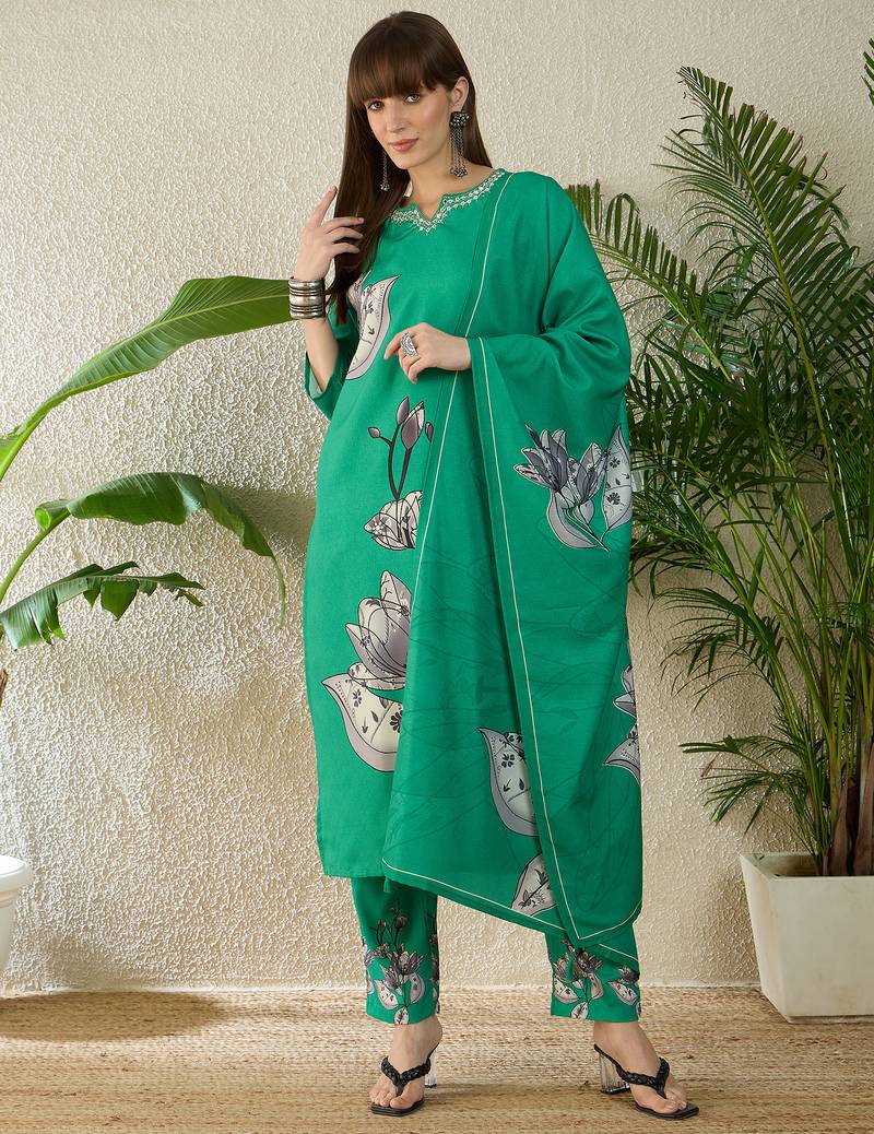Sea green viscose rayon printed kurta trouser dupatta set