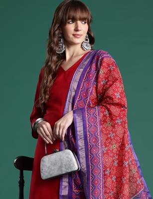 Red pure cotton printed kurta trouser dupatta set 2