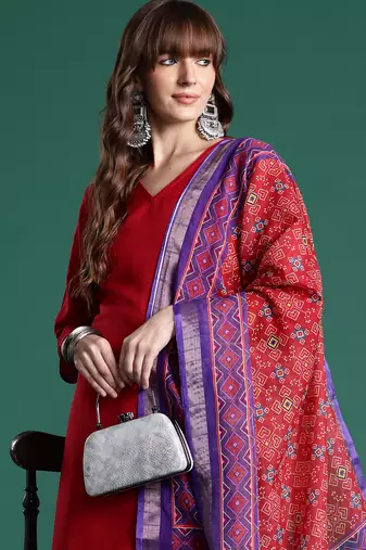 Red pure cotton printed kurta trouser dupatta set