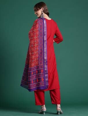 Red pure cotton printed kurta trouser dupatta set 3