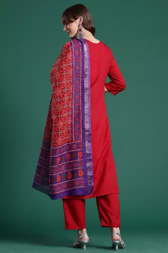 Red pure cotton printed kurta trouser dupatta set