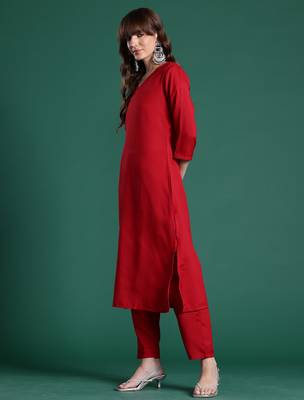 Red pure cotton printed kurta trouser dupatta set 4
