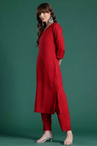 Red pure cotton printed kurta trouser dupatta set