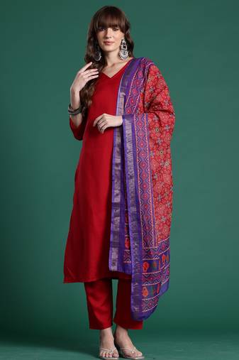 Red pure cotton printed kurta trouser dupatta set