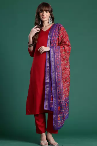 Red pure cotton printed kurta trouser dupatta set