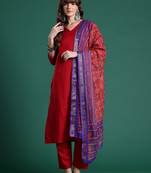 Red pure cotton printed kurta trouser dupatta set