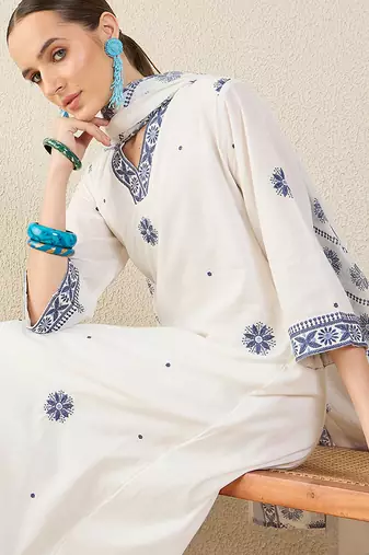 White pure cotton embroidered kurta trouser dupatta set