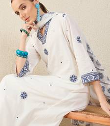 White pure cotton embroidered kurta trouser dupatta set
