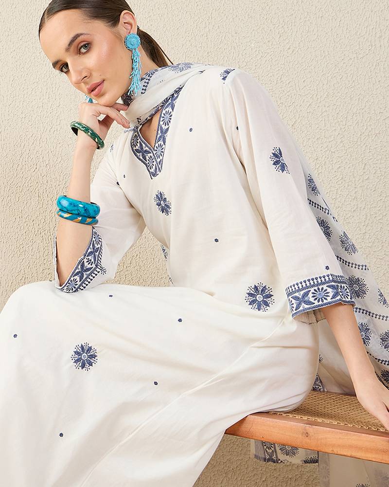 White pure cotton embroidered kurta trouser dupatta set